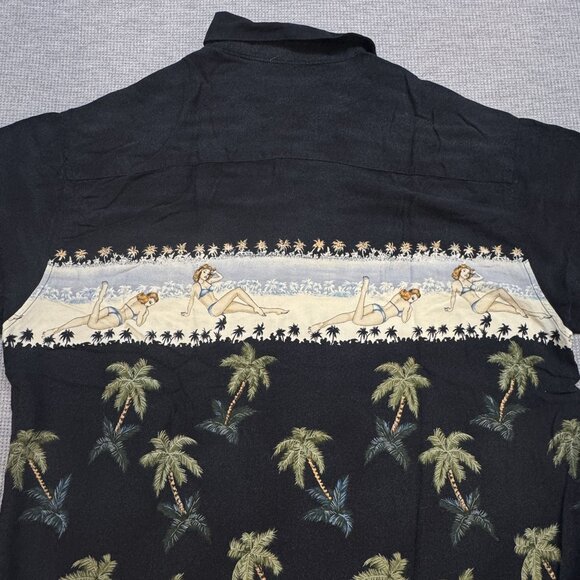 Vintage Consensus Sportswear Hawaiian Shirt Size L Black Palm Tree Pin-Up Girl - Picture 6 of 13